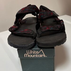 White Mountain Black Sandals with Red and Teal Woven Straps